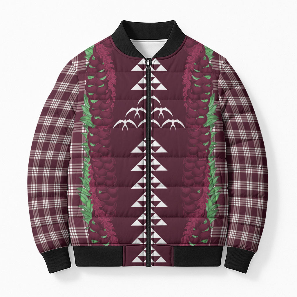 Burgundy Palaka Hawaii Iwa Bird Bomber Puffer Jacket Hawaiian Kakau Jade Vine Lei LT14 Unisex Burgundy - Polynesian Pride