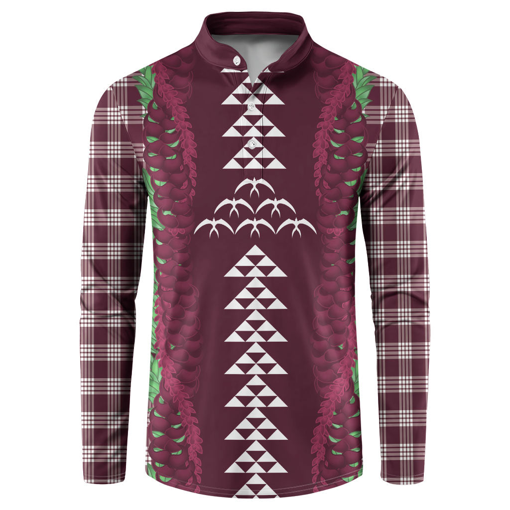 Burgundy Palaka Hawaii Iwa Bird Button Sweatshirt Hawaiian Kakau Jade Vine Lei LT14 Burgundy - Polynesian Pride