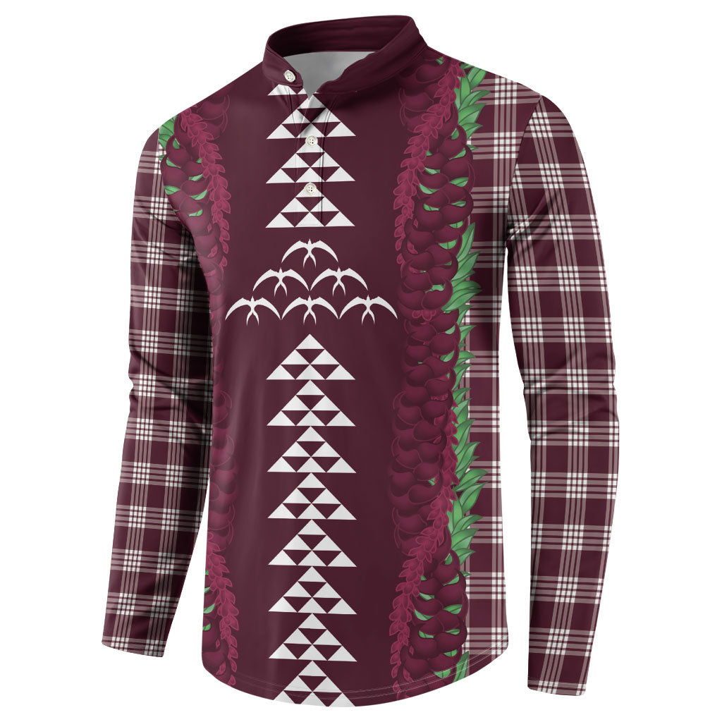 Burgundy Palaka Hawaii Iwa Bird Button Sweatshirt Hawaiian Kakau Jade Vine Lei LT14 - Polynesian Pride