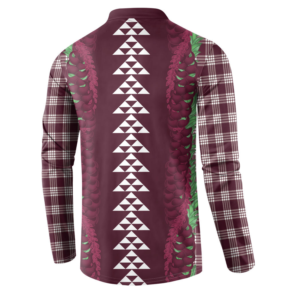 Burgundy Palaka Hawaii Iwa Bird Button Sweatshirt Hawaiian Kakau Jade Vine Lei LT14 - Polynesian Pride