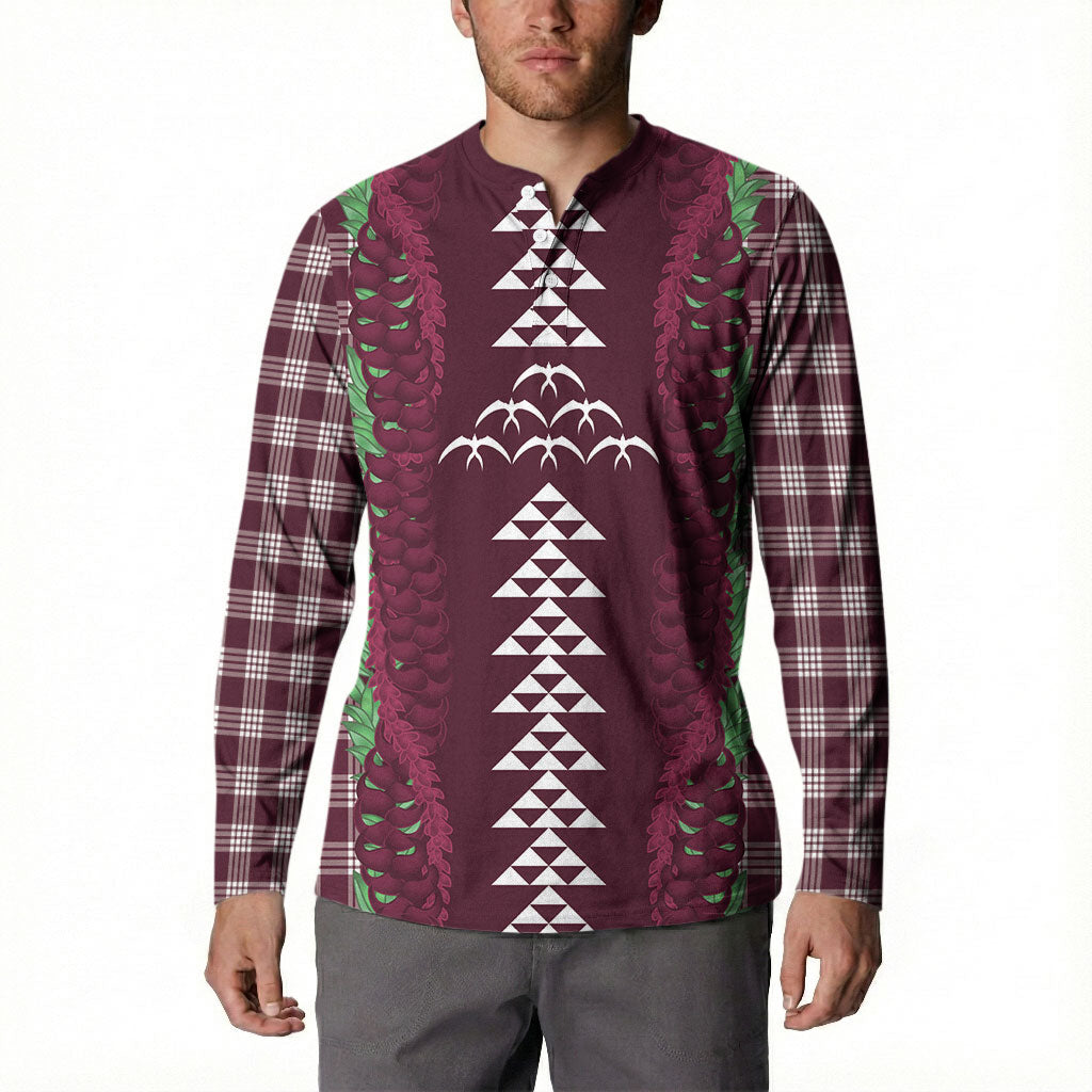 Burgundy Palaka Hawaii Iwa Bird Button Sweatshirt Hawaiian Kakau Jade Vine Lei LT14 - Polynesian Pride