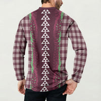 Burgundy Palaka Hawaii Iwa Bird Button Sweatshirt Hawaiian Kakau Jade Vine Lei LT14 - Polynesian Pride