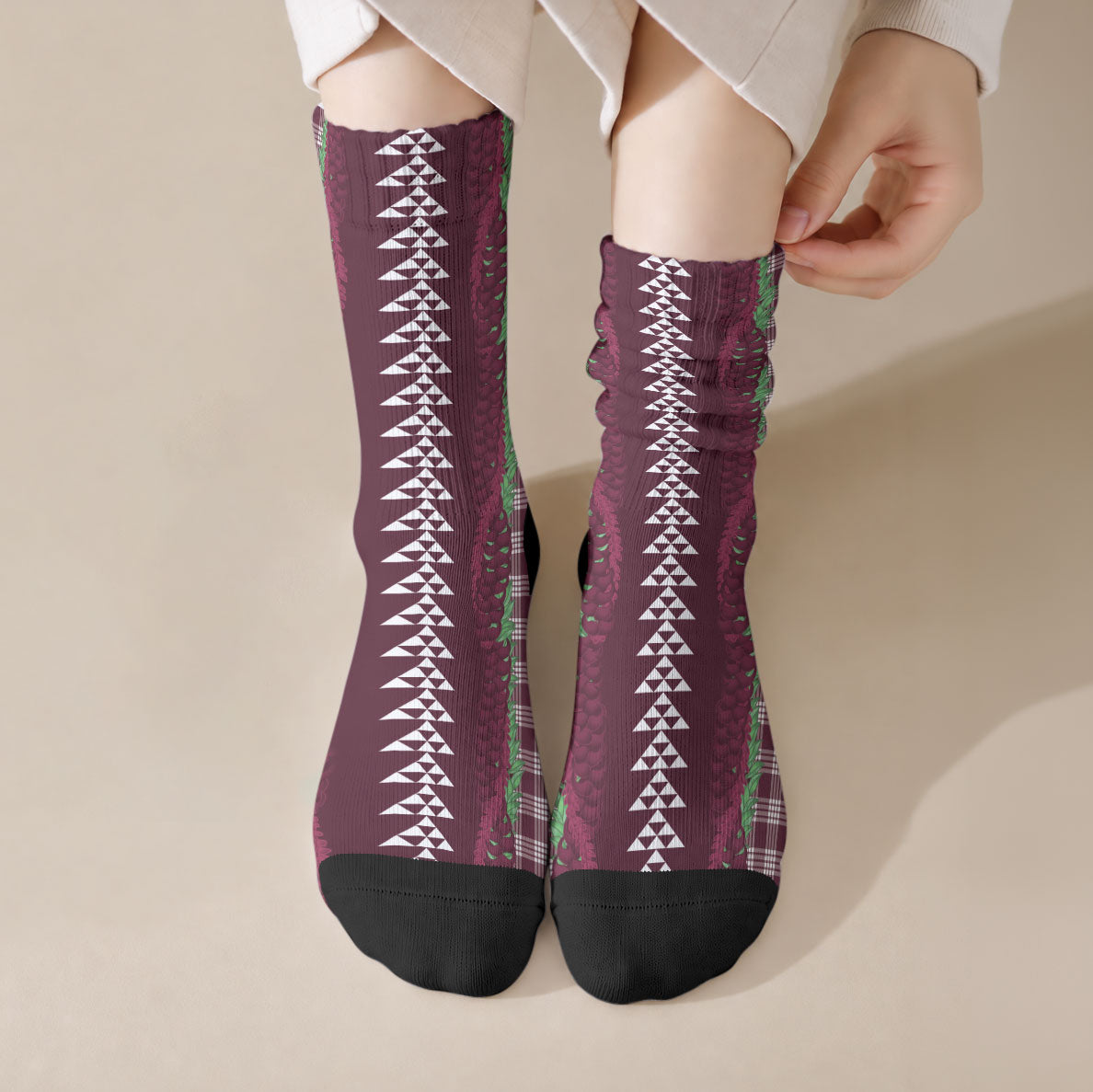 Burgundy Palaka Hawaii Iwa Bird Crew Socks Hawaiian Kakau Jade Vine Lei LT14 Crew Socks Burgundy - Polynesian Pride