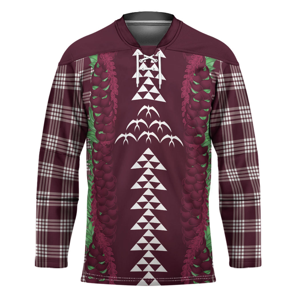 Burgundy Palaka Hawaii Iwa Bird Hockey Jersey Hawaiian Kakau Jade Vine Lei LT14 Unisex Burgundy - Polynesian Pride