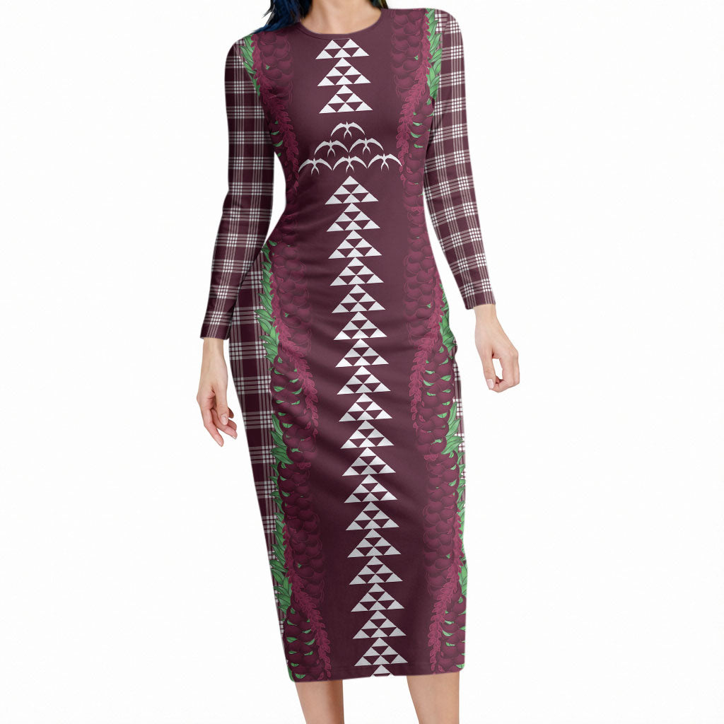 Burgundy Palaka Hawaii Iwa Bird Long Sleeve Bodycon Dress Hawaiian Kakau Jade Vine Lei LT14 Long Dress Burgundy - Polynesian Pride