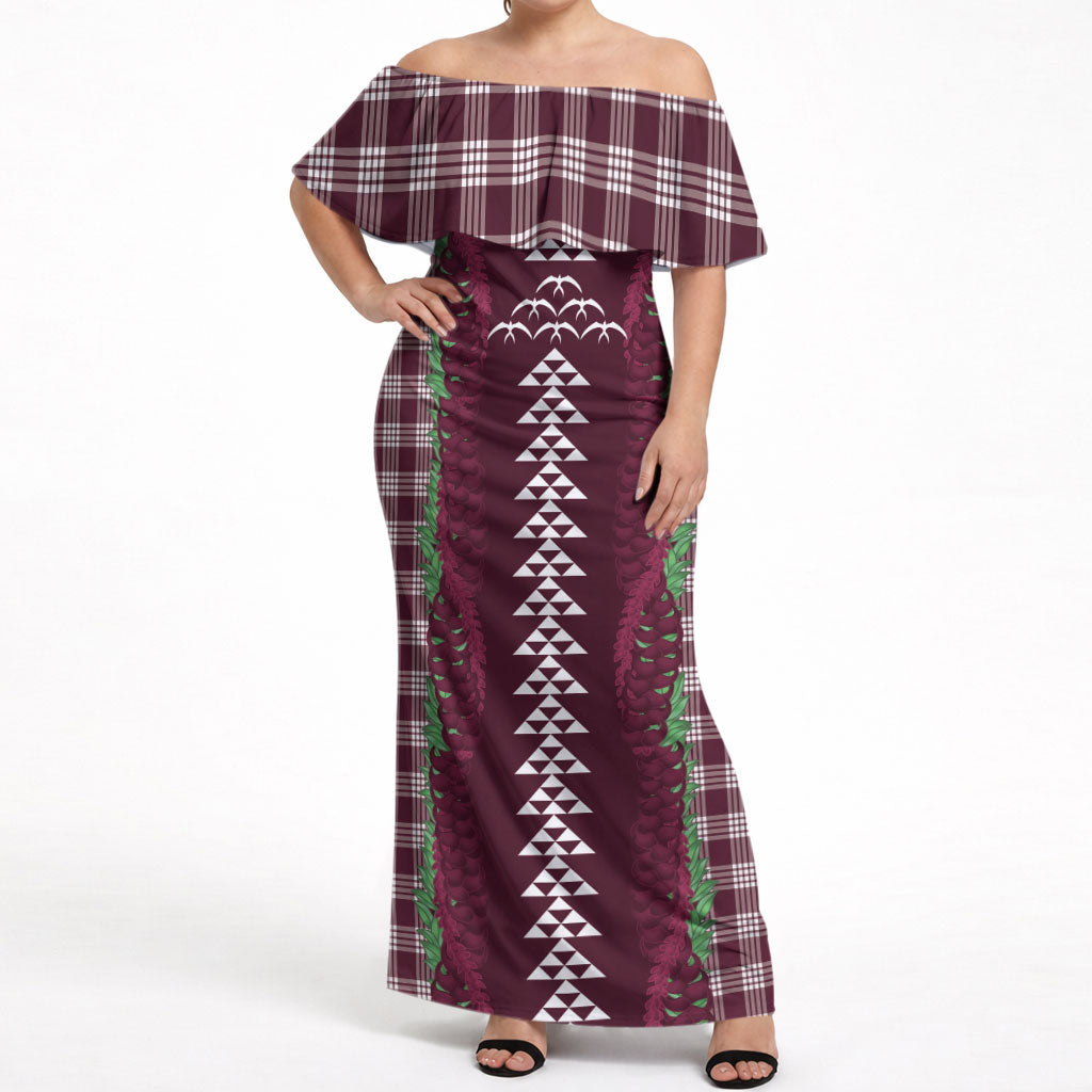 Burgundy Palaka Hawaii Iwa Bird Off Shoulder Maxi Dress Hawaiian Kakau Jade Vine Lei LT14 Women Burgundy - Polynesian Pride