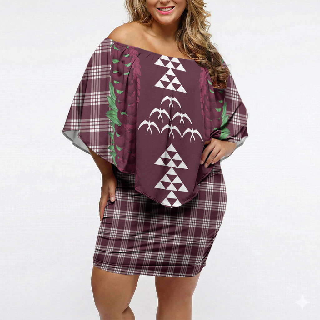 Burgundy Palaka Hawaii Iwa Bird Off Shoulder Short Dress Hawaiian Kakau Jade Vine Lei LT14 Women Burgundy - Polynesian Pride