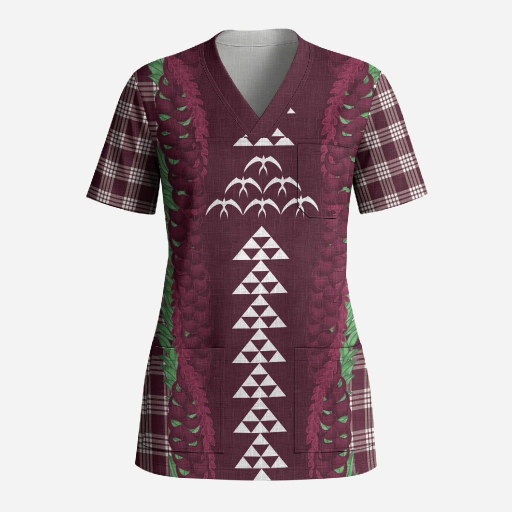Burgundy Palaka Hawaii Iwa Bird Scrub Top Hawaiian Kakau Jade Vine Lei LT14 Adult Burgundy - Polynesian Pride