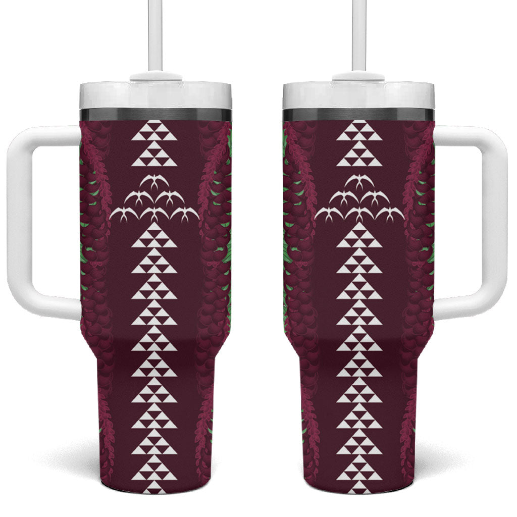 Burgundy Palaka Hawaii Iwa Bird Tumbler With Handle Hawaiian Kakau Jade Vine Lei LT14 One Size: 40 oz Burgundy - Polynesian Pride