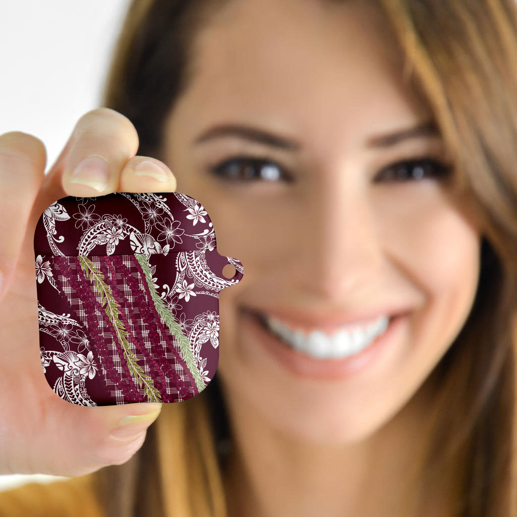 Burgundy Palaka Hawaii Leis AirPods Case Hawaiian-plaid Elegant Tropical Vibes LT14 - Polynesian Pride