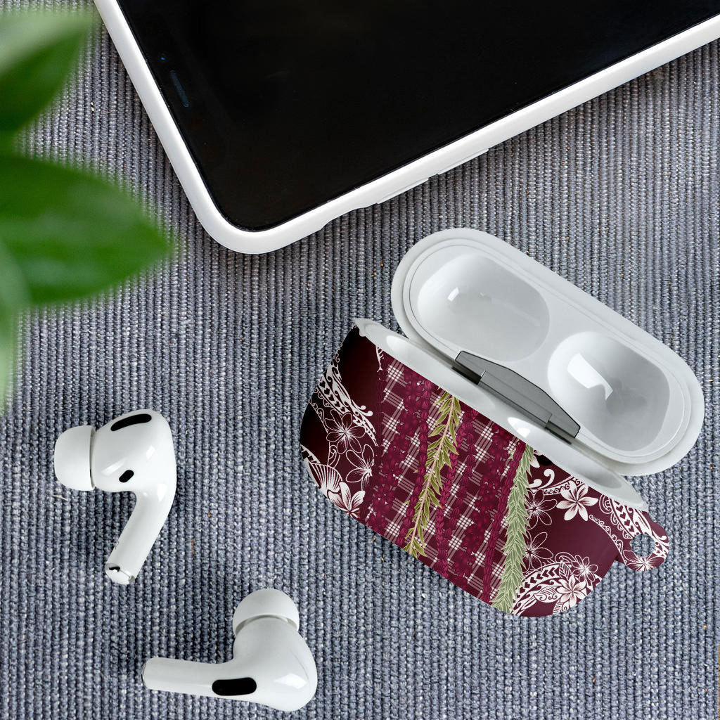 Burgundy Palaka Hawaii Leis AirPods Case Hawaiian-plaid Elegant Tropical Vibes LT14 - Polynesian Pride