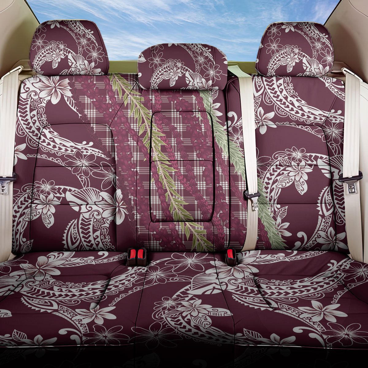 Burgundy Palaka Hawaii Leis Back Car Seat Cover Hawaiian-plaid Elegant Tropical Vibes LT14 One Size Burgundy - Polynesian Pride