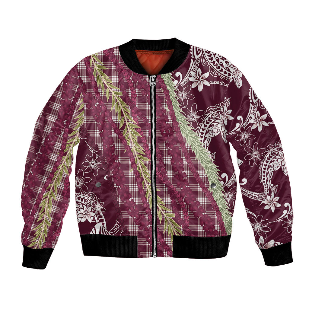Burgundy Palaka Hawaii Leis Bomber Jacket Hawaiian-plaid Elegant Tropical Vibes LT14 Unisex Burgundy - Polynesian Pride