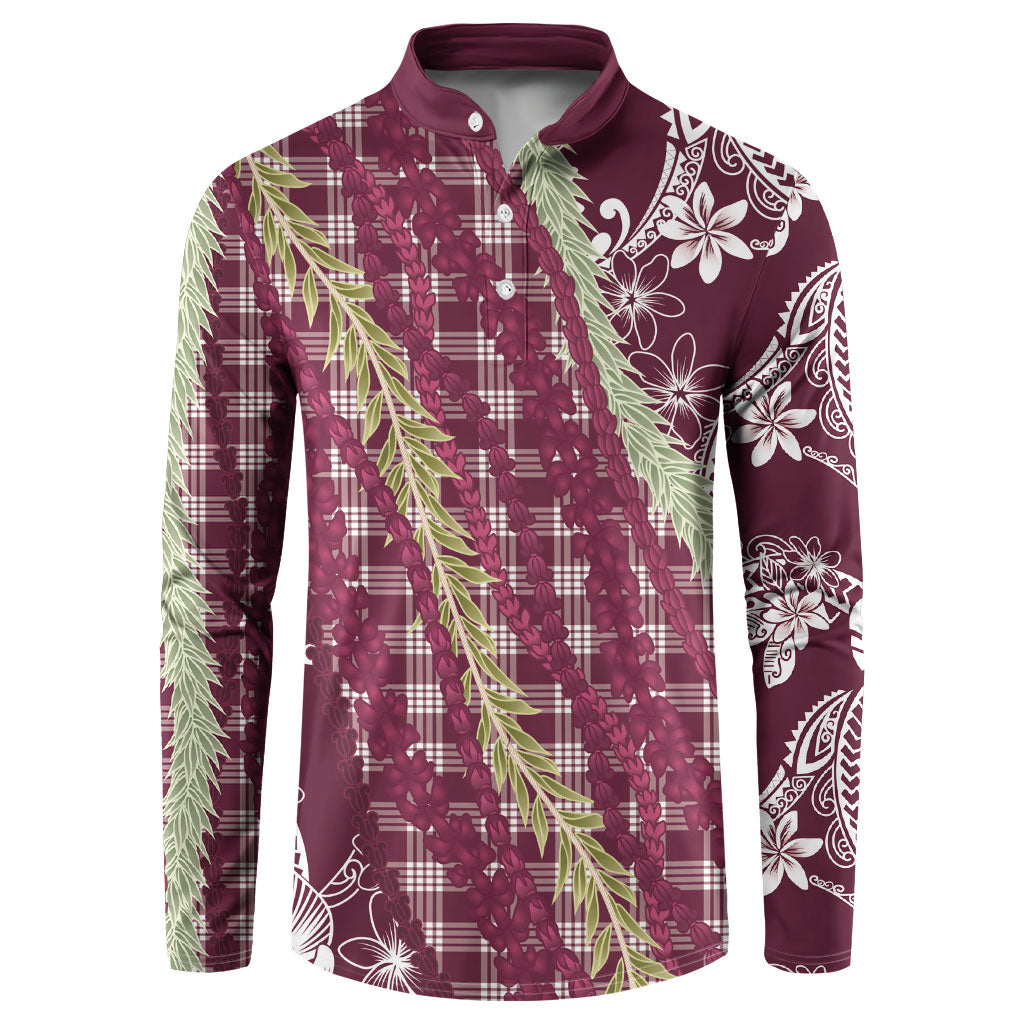 Burgundy Palaka Hawaii Leis Button Sweatshirt Hawaiian-plaid Elegant Tropical Vibes LT14 Burgundy - Polynesian Pride