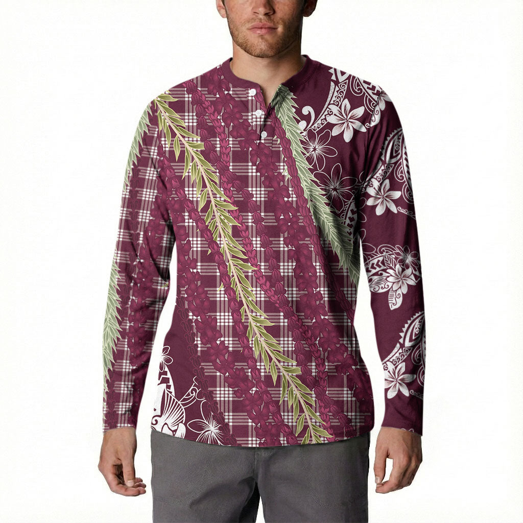 Burgundy Palaka Hawaii Leis Button Sweatshirt Hawaiian-plaid Elegant Tropical Vibes LT14 - Polynesian Pride