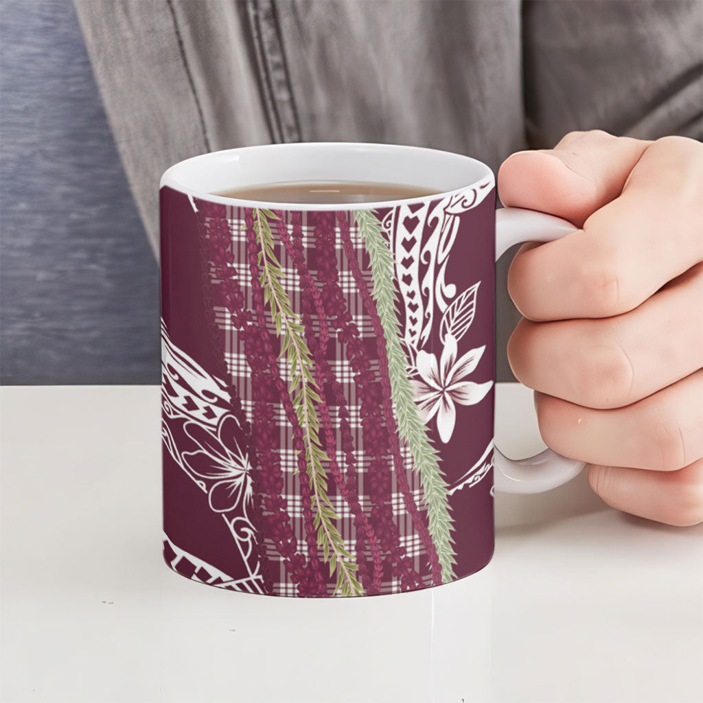 Burgundy Palaka Hawaii Leis Ceramic Mug Hawaiian-plaid Elegant Tropical Vibes LT14 - Polynesian Pride