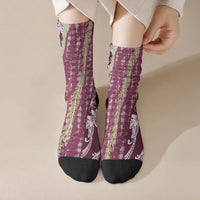 Burgundy Palaka Hawaii Leis Crew Socks Hawaiian-plaid Elegant Tropical Vibes LT14 Crew Socks Burgundy - Polynesian Pride