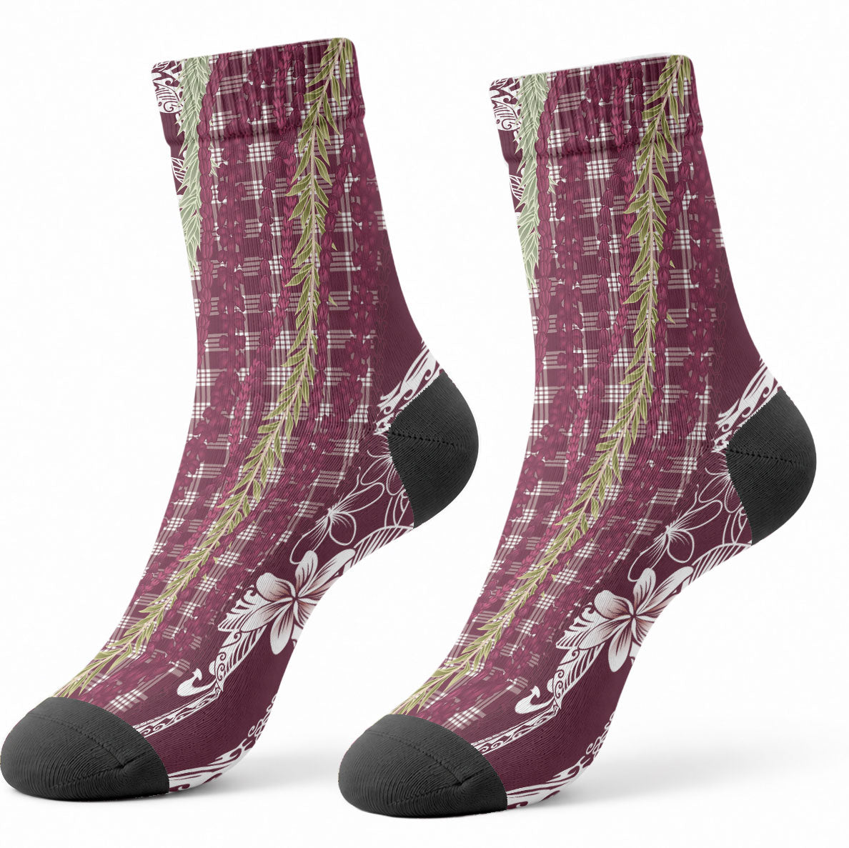 Burgundy Palaka Hawaii Leis Crew Socks Hawaiian-plaid Elegant Tropical Vibes LT14 - Polynesian Pride