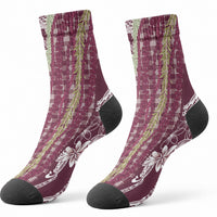 Burgundy Palaka Hawaii Leis Crew Socks Hawaiian-plaid Elegant Tropical Vibes LT14 - Polynesian Pride