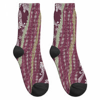 Burgundy Palaka Hawaii Leis Crew Socks Hawaiian-plaid Elegant Tropical Vibes LT14 - Polynesian Pride