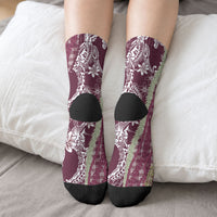 Burgundy Palaka Hawaii Leis Crew Socks Hawaiian-plaid Elegant Tropical Vibes LT14 - Polynesian Pride