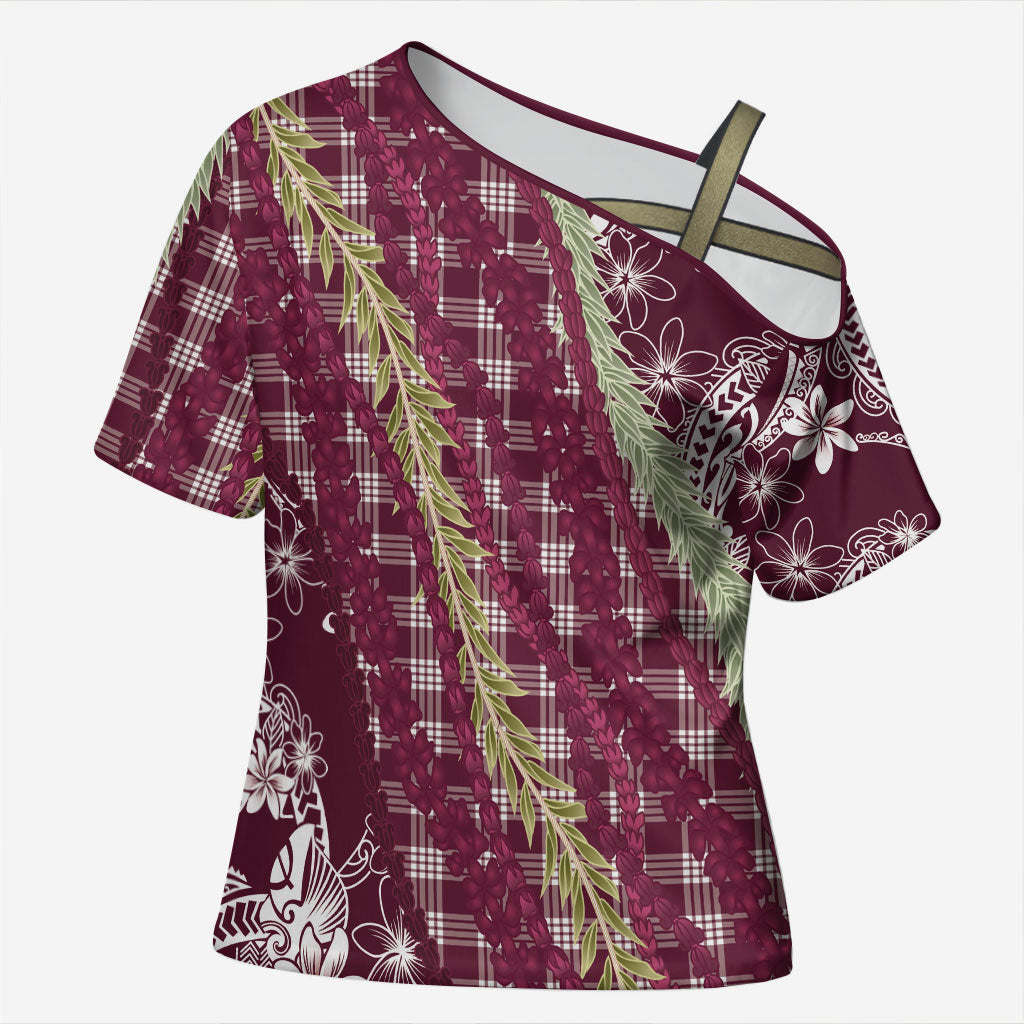 Burgundy Palaka Hawaii Leis Cross Shoulder Shirt Hawaiian-plaid Elegant Tropical Vibes