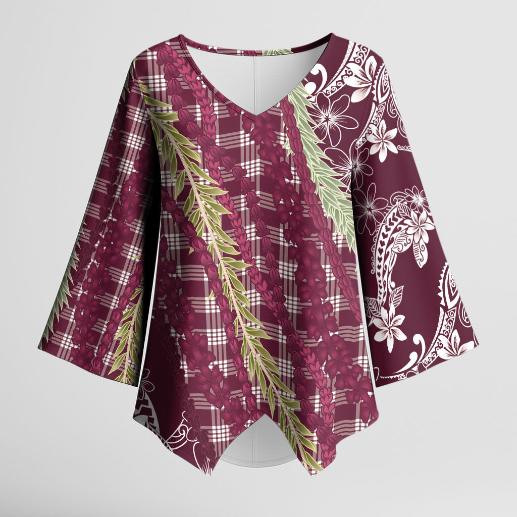 Burgundy Palaka Hawaii Leis Kimono Sleeve Blouse Hawaiian-plaid Elegant Tropical Vibes LT14 Female Burgundy - Polynesian Pride