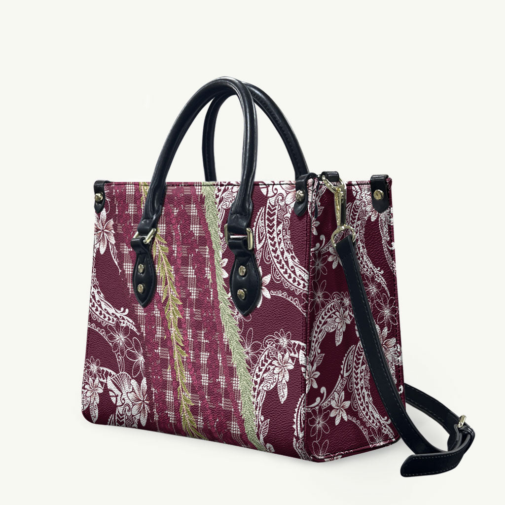 Burgundy Palaka Hawaii Leis Leather Bag Hawaiian-plaid Elegant Tropical Vibes LT14 Burgundy - Polynesian Pride