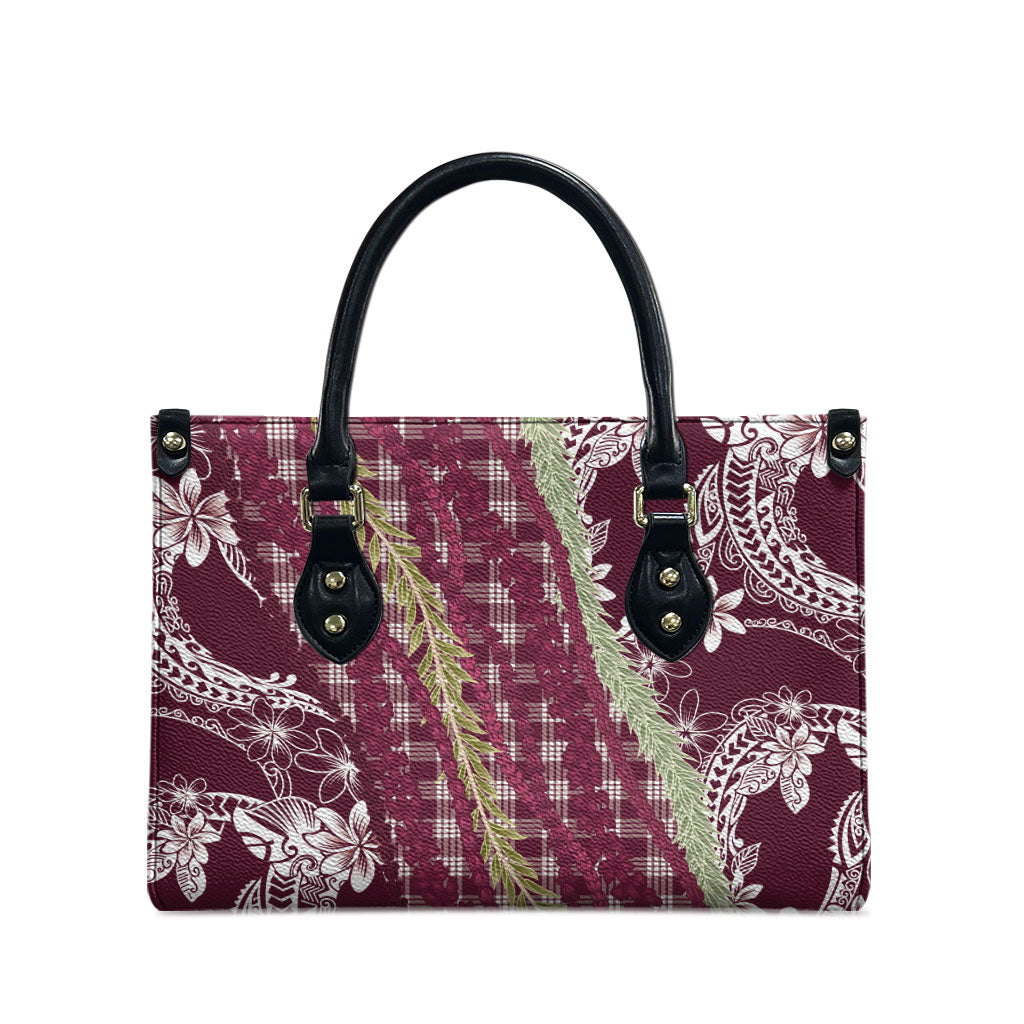 Burgundy Palaka Hawaii Leis Leather Bag Hawaiian-plaid Elegant Tropical Vibes LT14 - Polynesian Pride