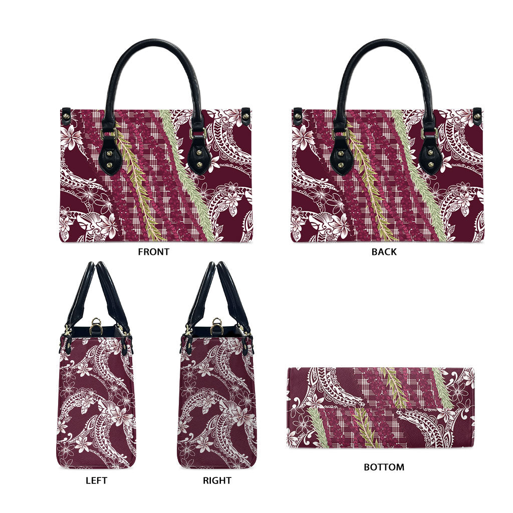 Burgundy Palaka Hawaii Leis Leather Bag Hawaiian-plaid Elegant Tropical Vibes LT14 - Polynesian Pride