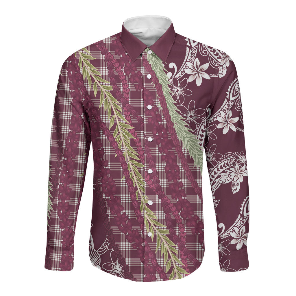 Burgundy Palaka Hawaii Leis Long Sleeve Button Shirt Hawaiian-plaid Elegant Tropical Vibes LT14 Unisex Burgundy - Polynesian Pride