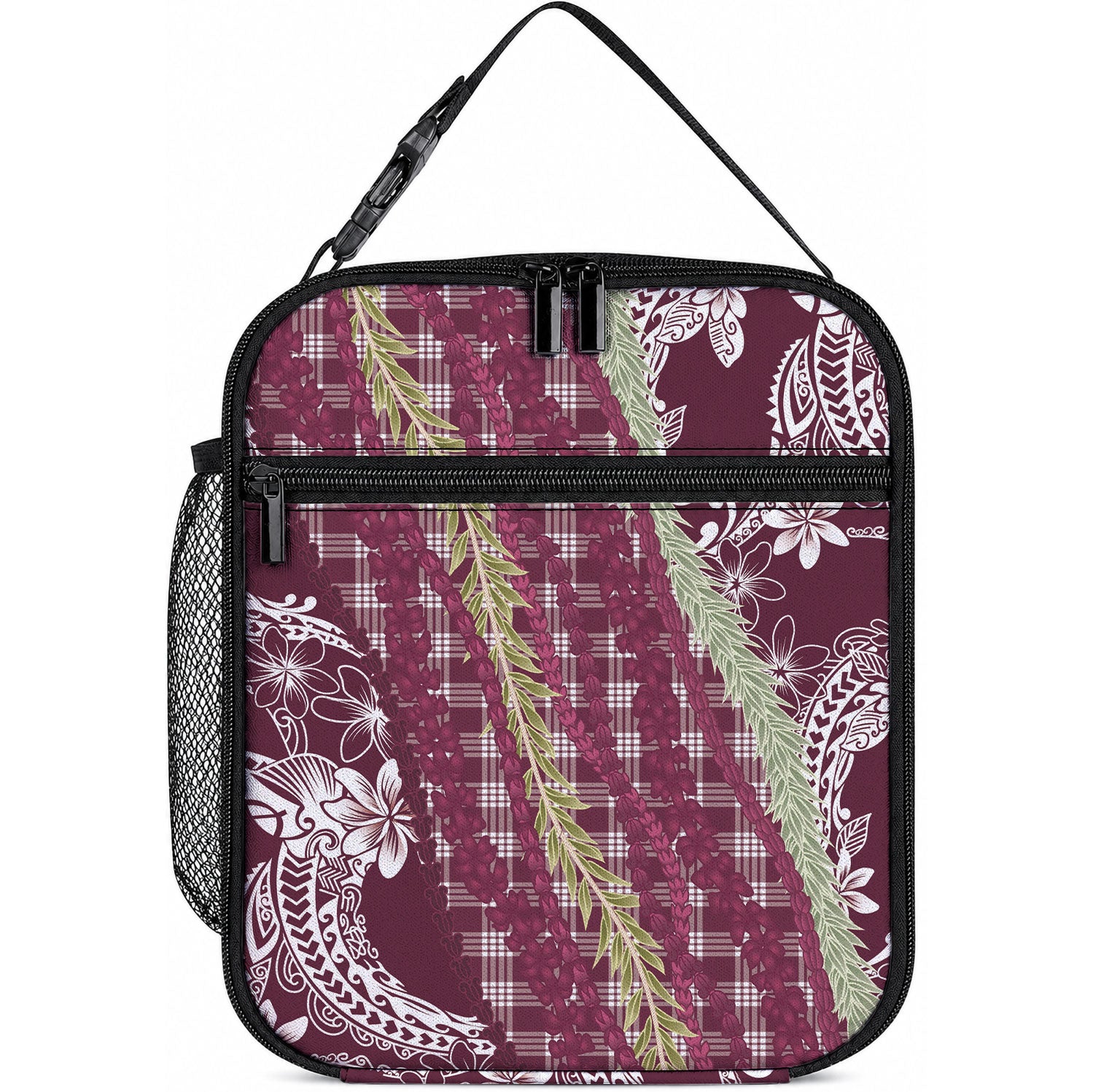 Burgundy Palaka Hawaii Leis Lunch Bag Hawaiian-plaid Elegant Tropical Vibes LT14 10.2 × 8.3 × 4.3 inch Burgundy - Polynesian Pride