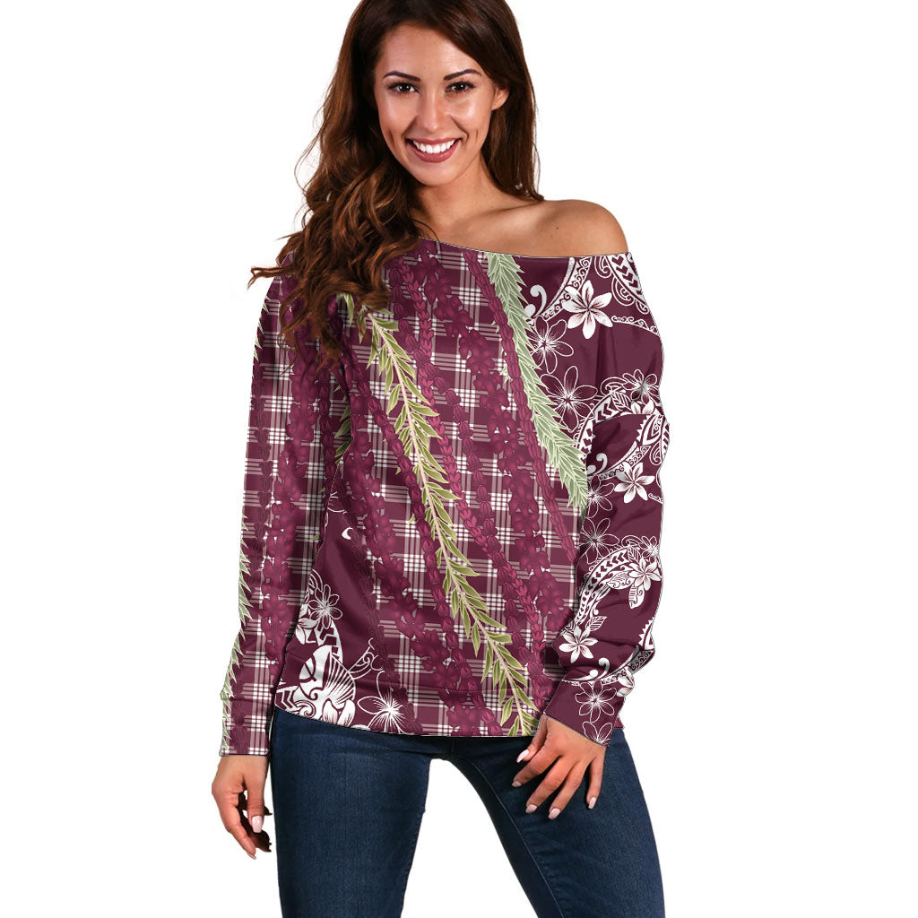 Burgundy Palaka Hawaii Leis Off Shoulder Sweater Hawaiian-plaid Elegant Tropical Vibes LT14 Women Burgundy - Polynesian Pride