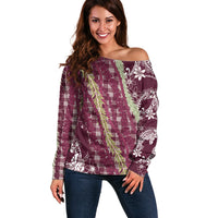 Burgundy Palaka Hawaii Leis Off Shoulder Sweater Hawaiian-plaid Elegant Tropical Vibes LT14 Women Burgundy - Polynesian Pride
