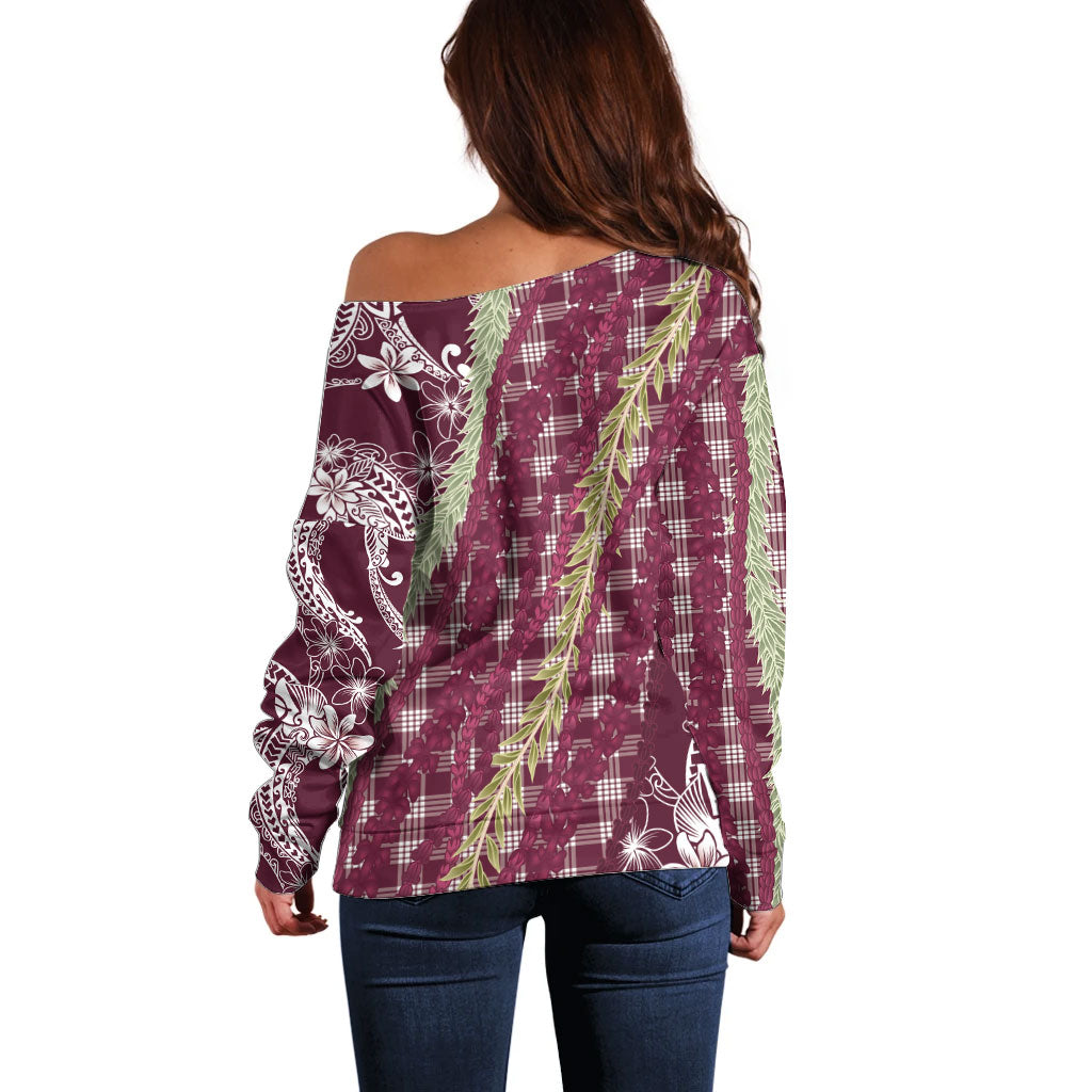 Burgundy Palaka Hawaii Leis Off Shoulder Sweater Hawaiian-plaid Elegant Tropical Vibes LT14 - Polynesian Pride