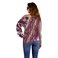 Burgundy Palaka Hawaii Leis Off Shoulder Sweater Hawaiian-plaid Elegant Tropical Vibes LT14 - Polynesian Pride