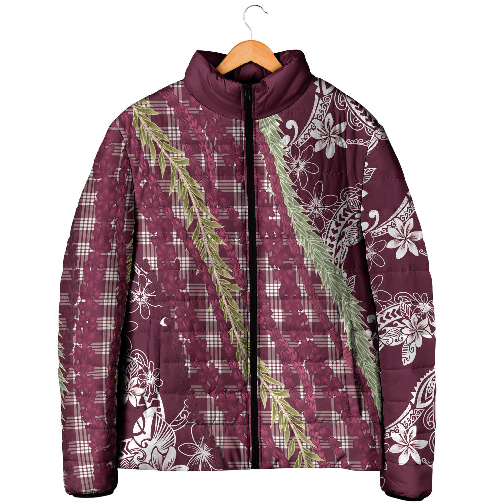 Burgundy Palaka Hawaii Leis Padded Jacket Hawaiian-plaid Elegant Tropical Vibes LT14 - Polynesian Pride