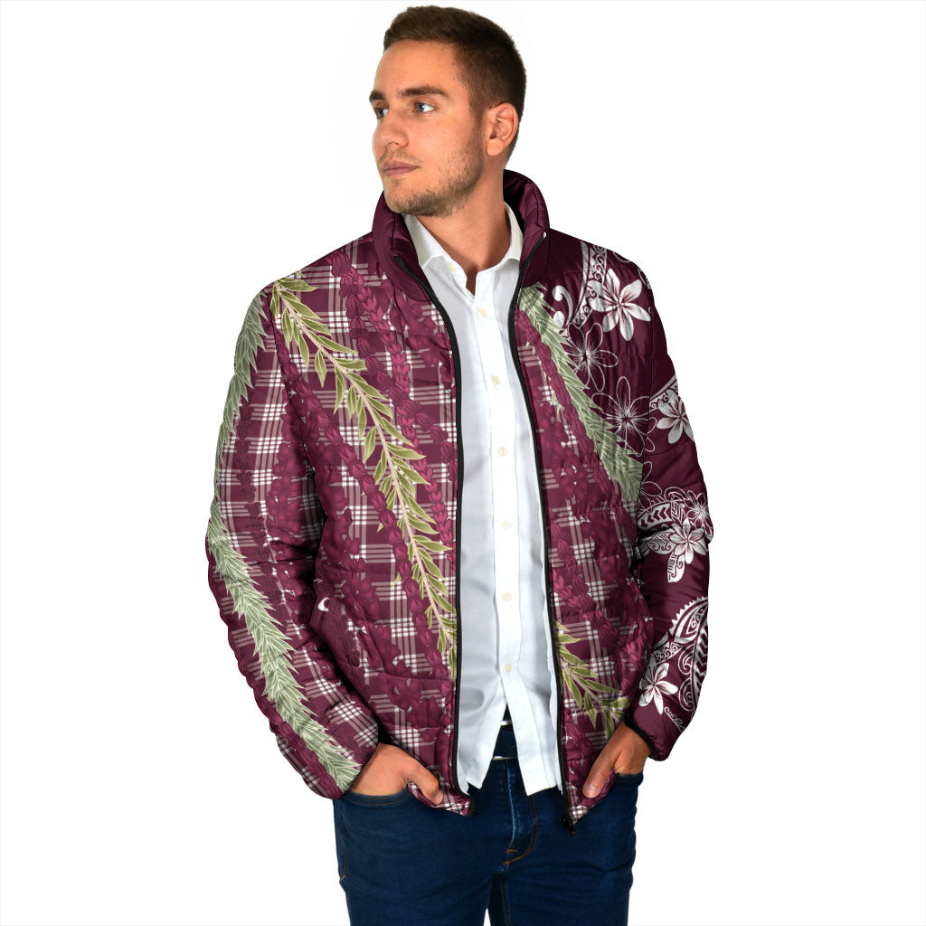 Burgundy Palaka Hawaii Leis Padded Jacket Hawaiian-plaid Elegant Tropical Vibes LT14 - Polynesian Pride