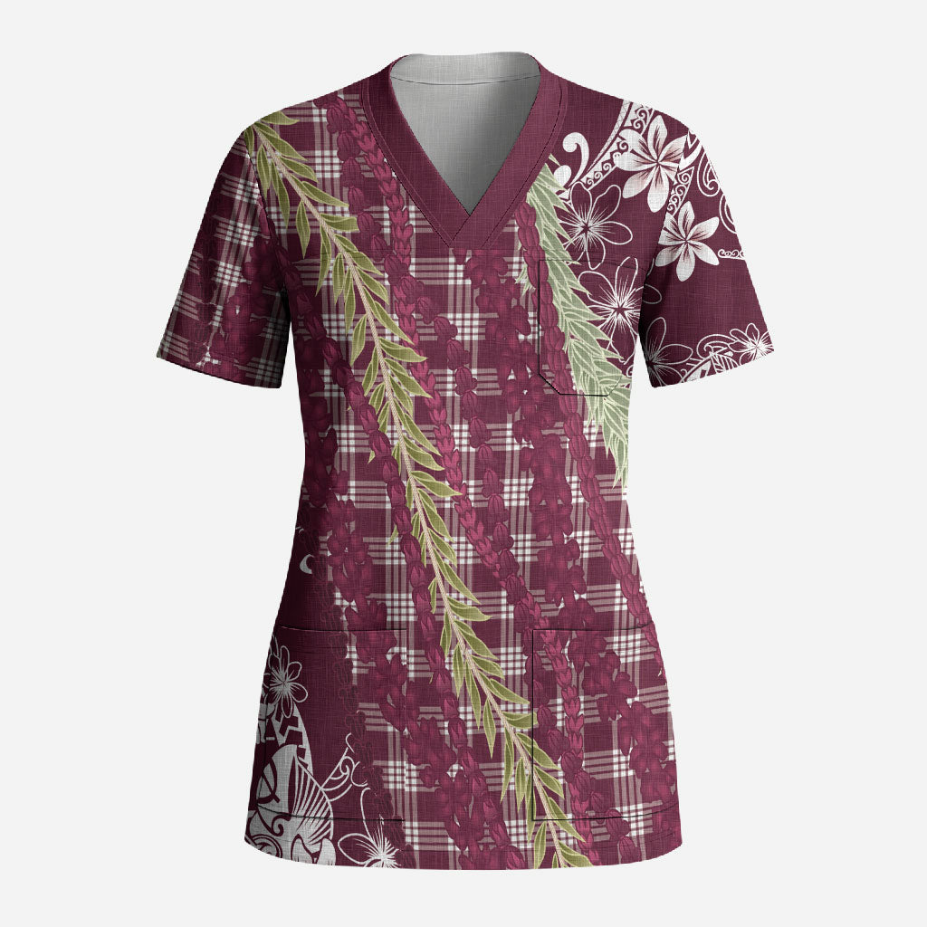 Burgundy Palaka Hawaii Leis Scrub Top Hawaiian-plaid Elegant Tropical Vibes LT14 Adult Burgundy - Polynesian Pride