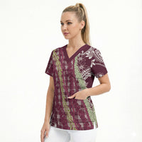 Burgundy Palaka Hawaii Leis Scrub Top Hawaiian-plaid Elegant Tropical Vibes LT14 - Polynesian Pride