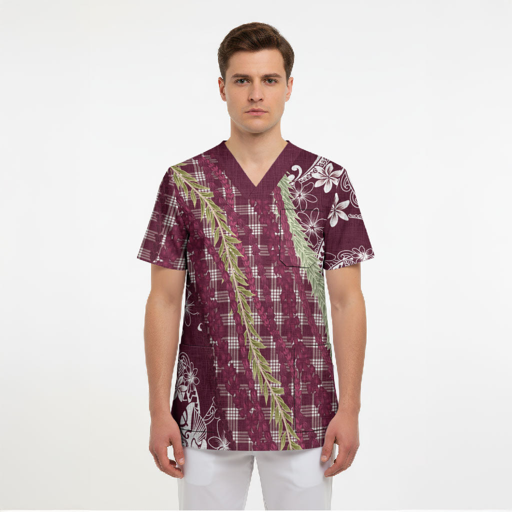 Burgundy Palaka Hawaii Leis Scrub Top Hawaiian-plaid Elegant Tropical Vibes LT14 - Polynesian Pride