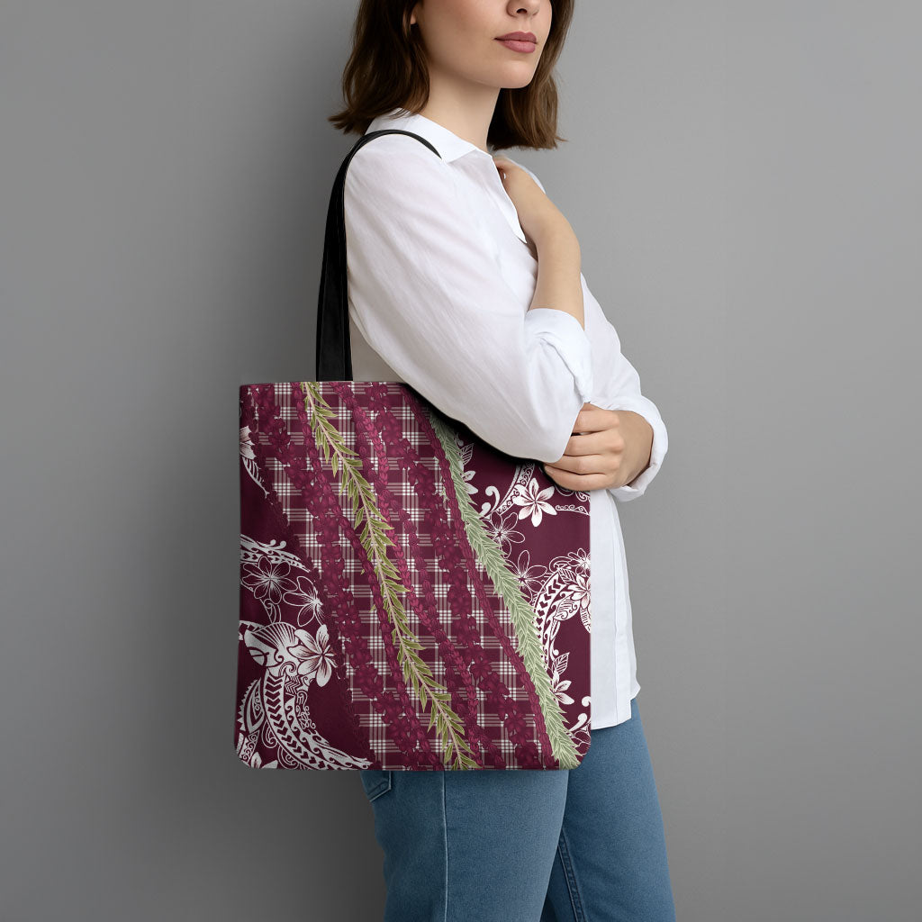 Burgundy Palaka Hawaii Leis Tote Bag Hawaiian-plaid Elegant Tropical Vibes LT14 - Polynesian Pride
