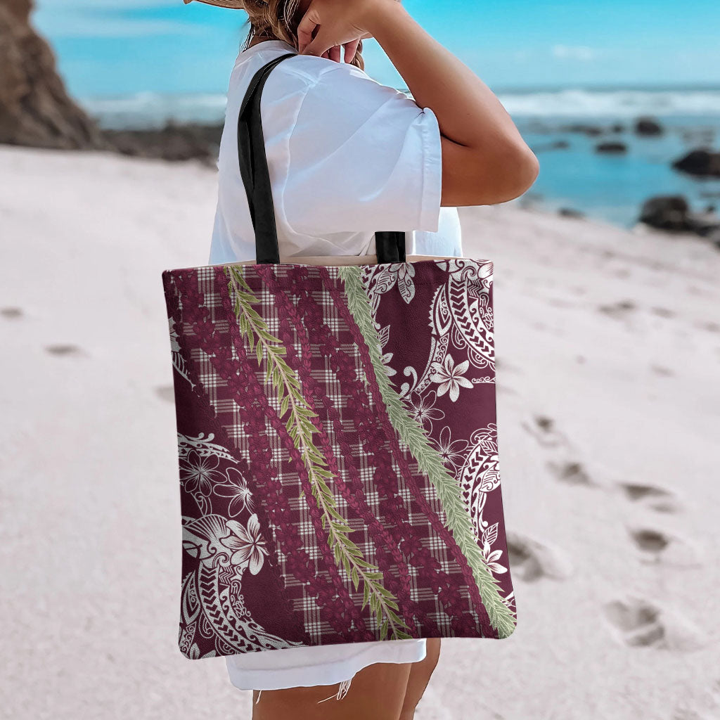 Burgundy Palaka Hawaii Leis Tote Bag Hawaiian-plaid Elegant Tropical Vibes LT14 - Polynesian Pride