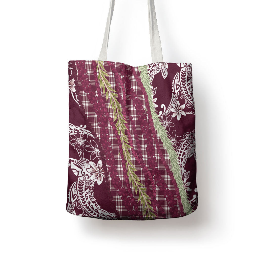 Burgundy Palaka Hawaii Leis Tote Bag Hawaiian-plaid Elegant Tropical Vibes LT14 - Polynesian Pride