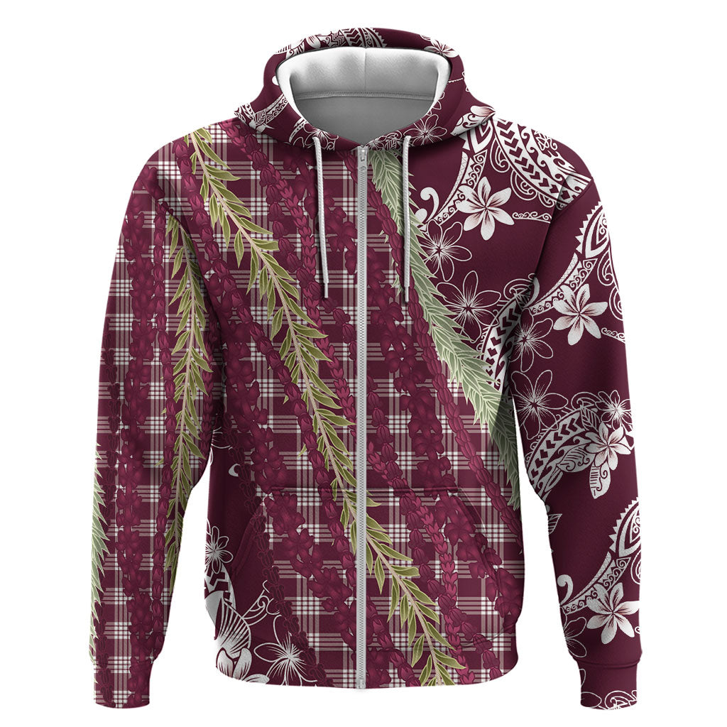 Burgundy Palaka Hawaii Leis Zip Hoodie Hawaiian-plaid Elegant Tropical Vibes LT14 Zip Hoodie Burgundy - Polynesian Pride