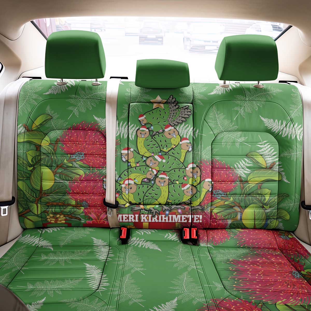 Kakapo New Zealand Christmas Back Car Seat Cover Meri Kirihimete Pohutukawa - Green Color LT14 - Polynesian Pride