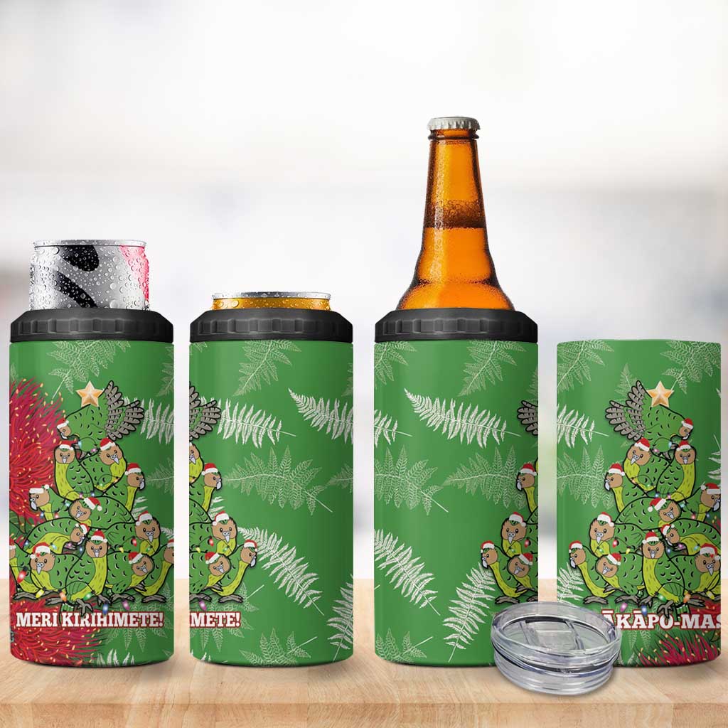 Kakapo New Zealand Christmas 4 in 1 Can Cooler Tumbler Meri Kirihimete Pohutukawa - Green Color LT14 - Polynesian Pride