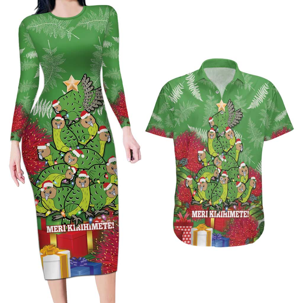 Kakapo New Zealand Christmas Couples Matching Long Sleeve Bodycon Dress and Hawaiian Shirt Meri Kirihimete Pohutukawa - Green Color LT14 Green - Polynesian Pride