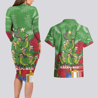 Kakapo New Zealand Christmas Couples Matching Long Sleeve Bodycon Dress and Hawaiian Shirt Meri Kirihimete Pohutukawa - Green Color LT14 - Polynesian Pride