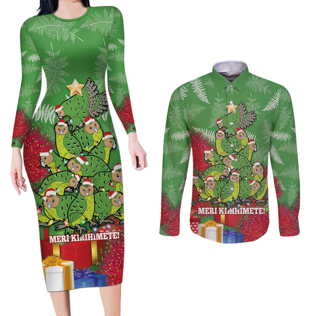 Kakapo New Zealand Christmas Couples Matching Long Sleeve Bodycon Dress and Long Sleeve Button Shirt Meri Kirihimete Pohutukawa - Green Color LT14 Green - Polynesian Pride